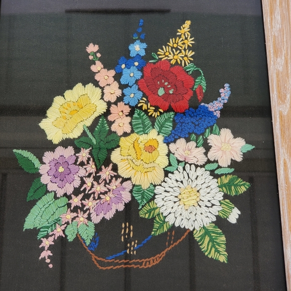 Embroidered Floral Tapestry 13x11 Glass Framed Handmade Needlepoint Cottagecore - Picture 2 of 7